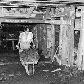 From left - Jack Blanche, Norm Stevens, Broncho Maclaughlan wheeling a load at Northern (Rhondda) Colliery - 23 February 1967, by Barry Howard
