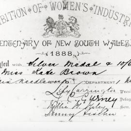 Certificate presented with silver medal to Kate Brown, 1888.