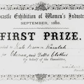 First prize certificate of the Newcastle Exhibition of Women's Industries, September 1888.