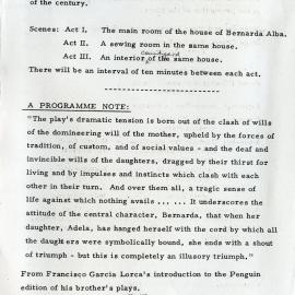 The House of Bernarda Alba - Programme (Page Two), Newcastle Teachers' College, NSW, Australia - c. 1966