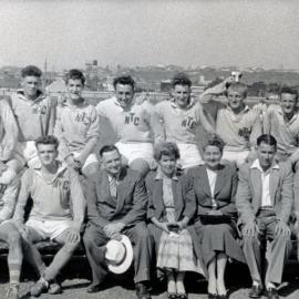A\n unidentified group of rugby union players with staff. A photograph from the Newcastle Teachers' College, NSW, Australia 1957 Album