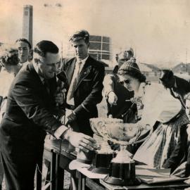 Athletics Carnival - Cup Presentation at an unidentified location. Photo from  Newcastle Teachers' College Album,  NSW, Australia - 1956