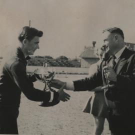 Athletics Carnival - Cup Presentation at an unidentified location. Photo from  Newcastle Teachers' College Album,  NSW, Australia - 1956
