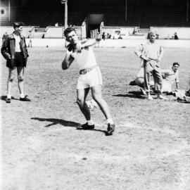 Athletics Carnival - Shot Put event at an unidentified location. Photo from  Newcastle Teachers' College Album,  NSW, Australia - 1956