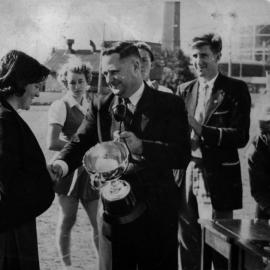 Athletics Carnival -  Cup Presentation at an unidentified location. Photo from  Newcastle Teachers' College Album,  NSW, Australia - 1956
