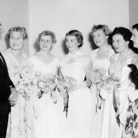 Mr Gillard, Rita Renwick, Mrs Long and Debutantes attend the Newcastle Teachers' College Ball, Australia - 1954