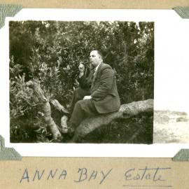 Mr Broadbent smoking a pipe, Anna Bay Estate, NSW, c. 1940s