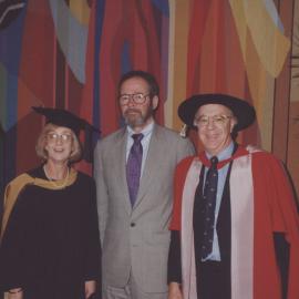Professor Anne Finlay, an unidentified man, and Professor Adrian Page (Dean of Engineering), the University of Newcastle, Australia - May, 2000