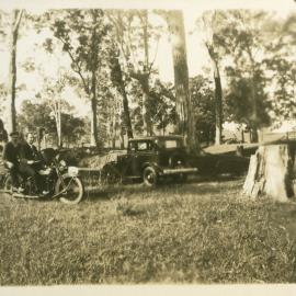Doug Brown and Mr Broadbent on motorcycle, Seaham, NSW? c. 1930s-1940s