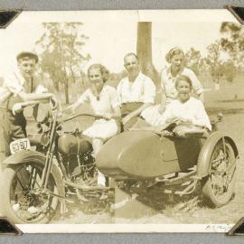 Doug Brown (l) with motor bike with mother Mary Brown in side saddle and Broadbent Family, c. 1930s