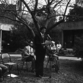 The Hon. Rod Cavalier (Education Minister) gives an interview outside the Great Hall, the University of Newcastle, Australia - c.1980s