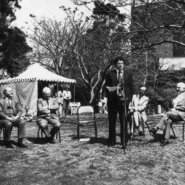 The Hon. Rod Cavalier (Education Minister) gives an interview outside the Great Hall, the University of Newcastle, Australia - c.1980s