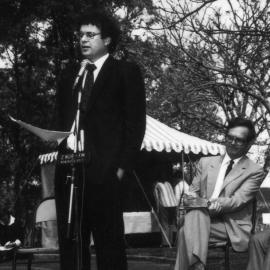 The Hon. Rod Cavalier (Education Minister) gives an interview outside the Great Hall, the University of Newcastle, Australia - c.1980s