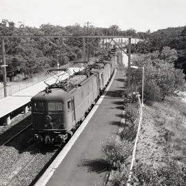 Locomotive 27 and 3 x 46 class Down Goods at Fassifern, NSW, February 1985