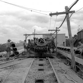 Joy 1CM continuous miner about to go underground, West Wallsend No. 2 Colliery, Killingworth. NSW, 12 January 1972
