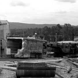 Joy 1CM continuous miner about to go underground, West Wallsend No. 2 Colliery, Killingworth. NSW, 12 January 1972