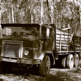 Neal Lockett on R.H. Crockett's timber truck with a load of pit props, Blue Gum Creek, Stockrington, 17 June 1977