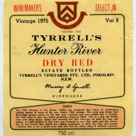 Tyrrell's Wines label for a bottle of Vintage Dry Red wine (1975)