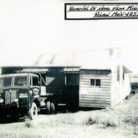 Removal of home from mine subsidence, Pelaw Main, NSW, 1953.