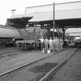 Last waggon dumped at Hexham Coal Preparation Plant, 21 September 1987. L to R: Ron Lee, Kevin Swan, Bob Cook, John Lowe, Tom Shakespeare and Phillip Lockett is the first gentleman on the right.