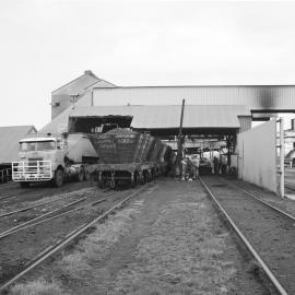 Last day of dumping waggons at Hexham Coal Preparation Plant, Hexham, NSW, 21 September 1987,