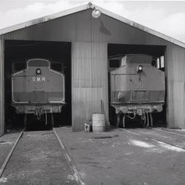 Locomotives No 25 and No 30 in shed, Hexham Coal Preparation Plant, last day of dumping waggons, 21 September 1987