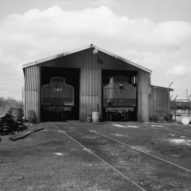 Locomotives No 25 and No 30 in shed at Hexham, last day of dumping waggons, 21 September 1987