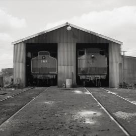 Locomotives No 25 and No 30 in shed at Hexham, last day of dumping waggons, 21 September 1987