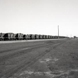 Last waggons on hill waiting to be unloaded, Hexham Coal Preparation Plant, Hexham, NSW, 15 September 1987