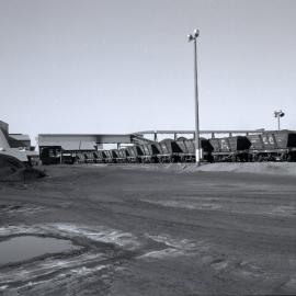 Last waggons on hill waiting to be unloaded, Hexham Coal Preparation Plant, Hexham, NSW, 15 September 1987