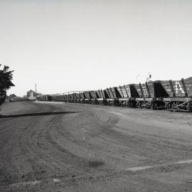 Last waggons on hill waiting to be unloaded, Hexham Coal Preparation Plant, Hexham, NSW, 15 September 1987