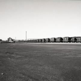 Last waggons on hill waiting to be unloaded, Hexham Coal Preparation Plant, Hexham, NSW, 15 September 1987