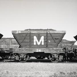 Last waggons on hill waiting to be unloaded, Hexham Coal Preparation Plant, Hexham, NSW, 15 September 1987