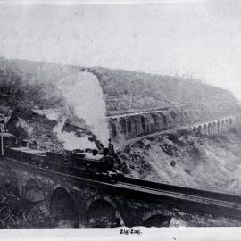 NSWGR P-6 class (later C-32 class), short goods crossing No. 1 Viaduct, Great Zig Zag Railway near Lithgow, [1900]