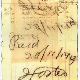 Receipt from Foster's blacksmith shop, Mt Vincent, NSW, 20 November 1913