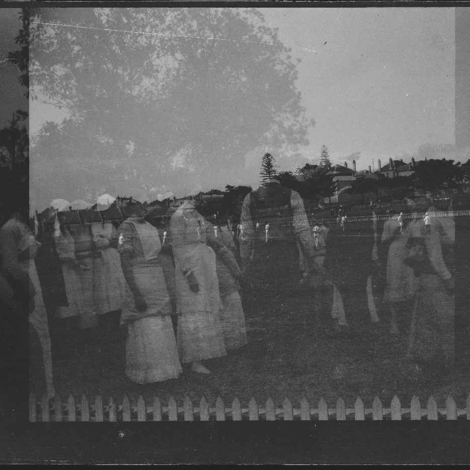 Double exposure of cricket game and Nurses and others gathered, unidentified locations (film negative), Sydney (?)