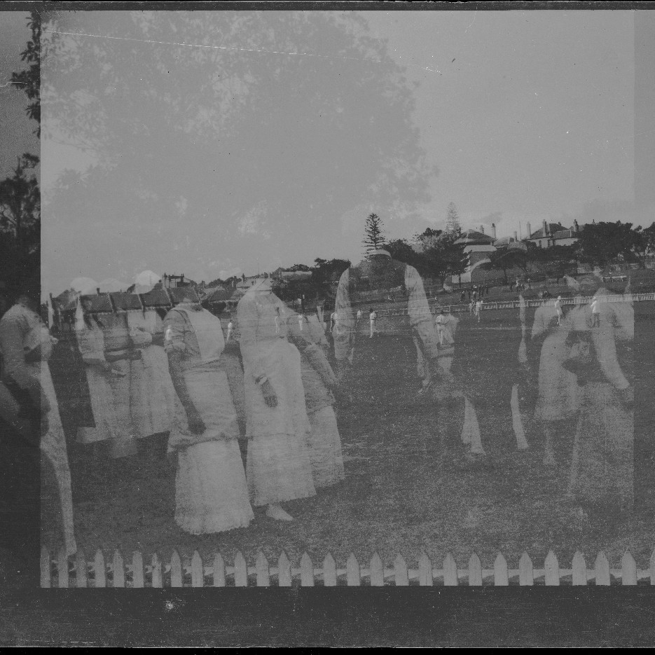 Double exposure of cricket game and Nurses and others gathered, unidentified locations (film negative)