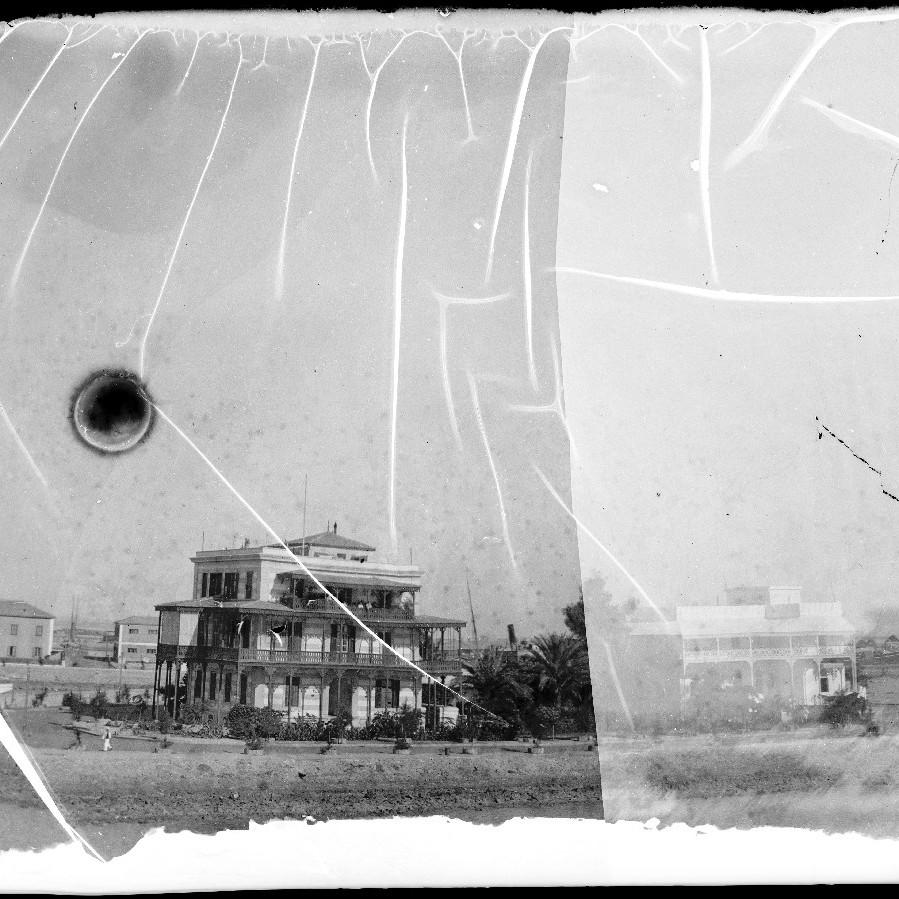 Damaged negative, showing ornate two and three storey buildings-Signal station at Port Suez, Suez Canal, Egypt, c1910s