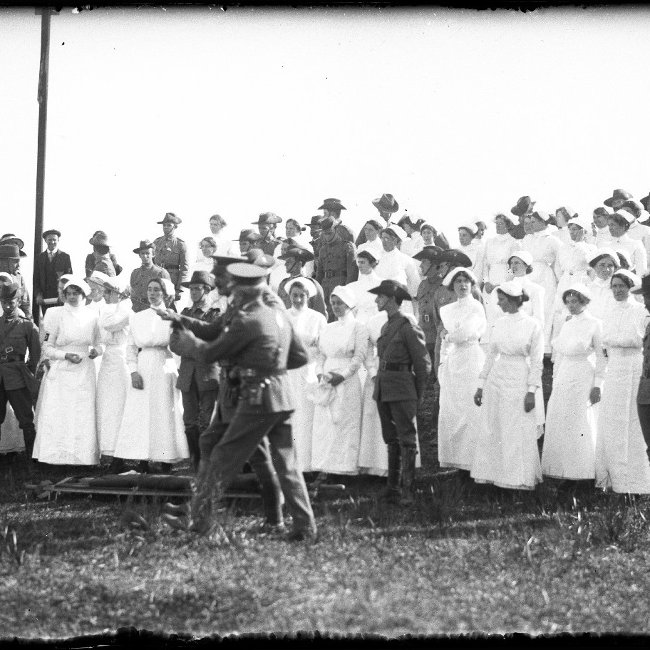 Troops and nurses, possibly at Holsworthy military reserve near Liverpool, NSW in 1914.
