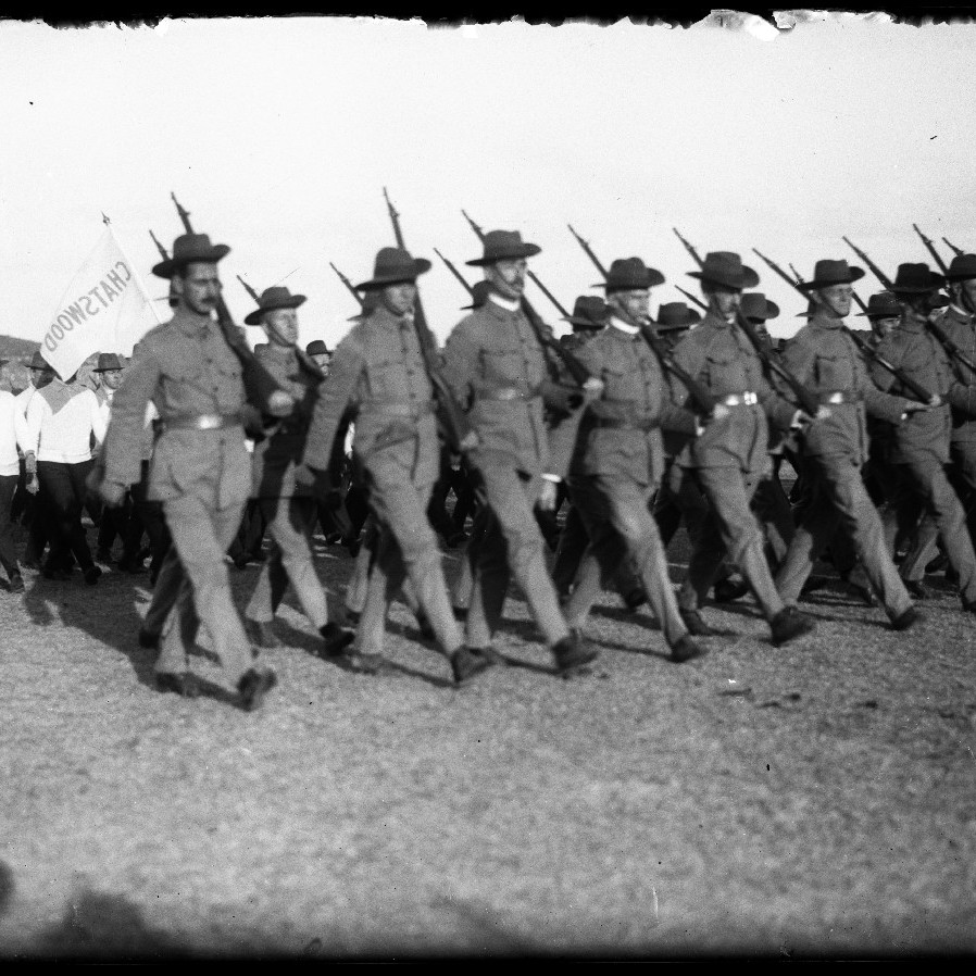 Men marching, possibly at Holsworthy military reserve near Liverpool, NSW in 1914.