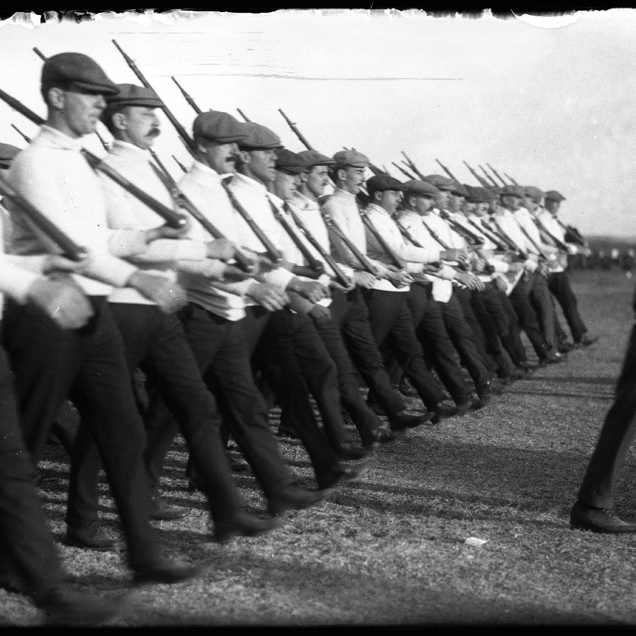 Men marching, possibly at Holsworthy military reserve near Liverpool, NSW in 1914.