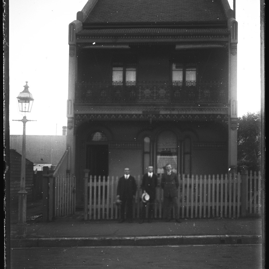 Unidentified residence, "West Street" south of Parramatta Road on West Street, Petersham, New South Wales (?), with three gentleman, c1910s