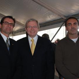 Greg Combet, Kevin Rudd and Jody Pawley at the memorial service at the Jim Comerford Miners Memorial Wall, Aberdare, NSW, 2007