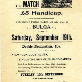 Flyer for a Pigeon Match, Bulga, NSW