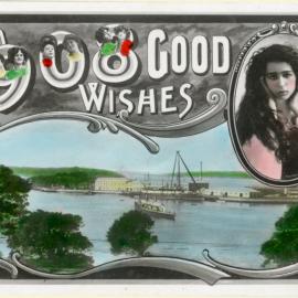 Minnie Tittell Brune (actress, 1875-1974). With 1908 Good Wishes. Postcard with Christmas wishes sent to Mr F. Moore, Bishop's Bridge, West Maitland, 1908