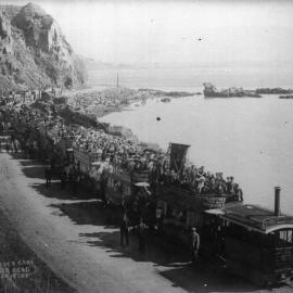 Christchurch Tramway Company, Steam Tram Motor & 19 trailers, Sumner Road, Christchurch, NZ [c.1897]