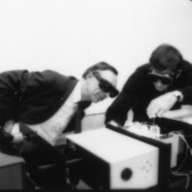 Vice-Chancellor, Professor Keith Morgan (left) and Dr John O'Connor inspect the new Laser, the University of Newcastle, Australia - 1992