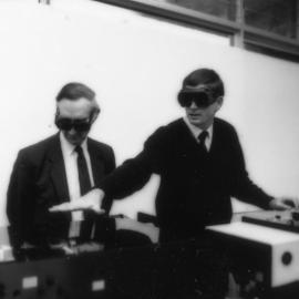 Vice-Chancellor, Professor Keith Morgan (left) and Dr John O'Connor inspect new Laser equipment, the University of Newcastle, Australia - 1992