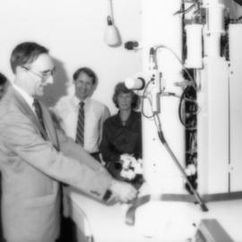 Vice-Chancellor, Professor Keith Morgan inspects [the Electron microscope opening], the University of Newcastle, Australia - June, 1992