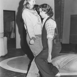 Two drama students - Felicity Biggins as Susan and Chris Kelly as Cooley in "Don's Party" by David Williamson, directed by John Krummel, Drama Theatre, 1982.